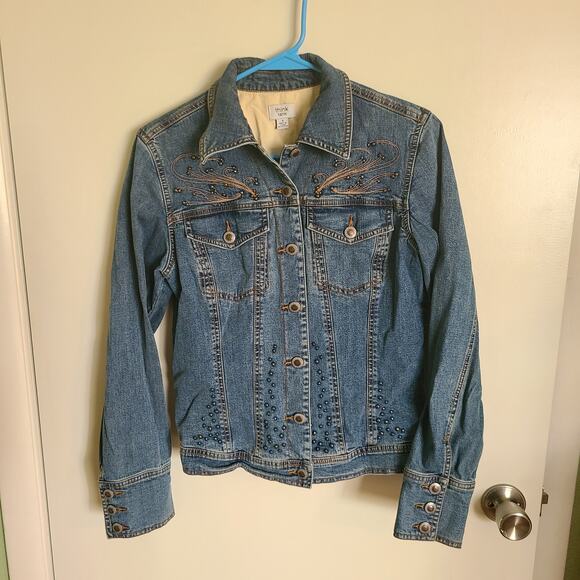 Retro Button Up Western Denim Blazer - Think Tank Embellished Jean Jacket - Picture 4 of 4